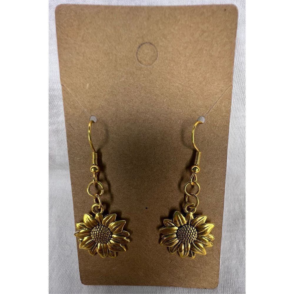 Handmade Dangly Gold Sunflower Earrings With Black Outline